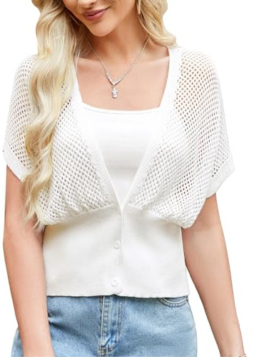GRACE KARIN Cárdigan de ganchillo de manga corta para mujer 2024 para verano, drapeado con cuello en V, bolero, suéter hueco para la playa, Blanco, L