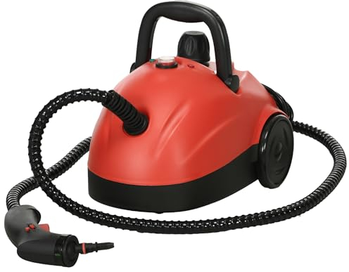 HOMCOM Limpiador a Vapor Portátil Deposito 1,2 L Vaporeta Multiusos Autonomía con Accesorios para Tapicería Sofá Baño Coche 34x25x23,5 cm Rojo
