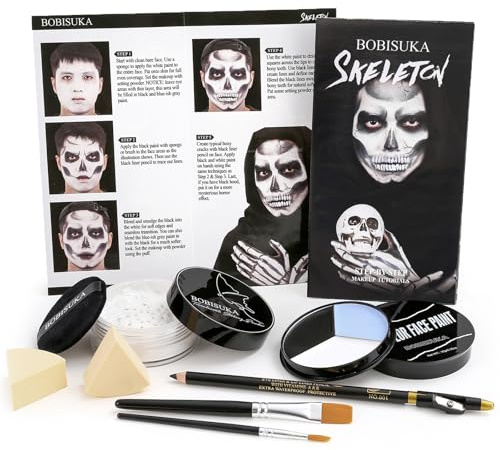 BOBISUKA Halloween Skeleton Makeup Kit, Complete Skeleton/Skull Face Paint SFX Character Set, Professional Skeleton Makeup Kit for Costume Art Cosplay Dress-Up Party for Kids & Adults