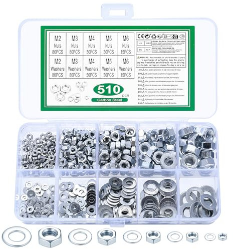 510pcs M2 M3 M4 M5 M6 Ecrou Hexagonal+Rondelles Plates Metal: 255 Écrous de Blocage, 255 Rondelles pour Vis Tige Filetée, Écrous Hexagonaux Autobloquants, Rondelle Plate Ecrou pour Boulon Vis