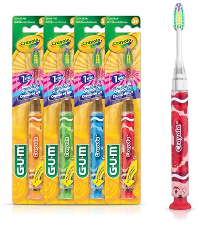 GUM Crayola Timer Light Toothbrush for Kids, Soft Bristles, Suction Cup Base, Children & Toddler Toothbrush 3 Year Old+, 1 Count (Pack of 4)