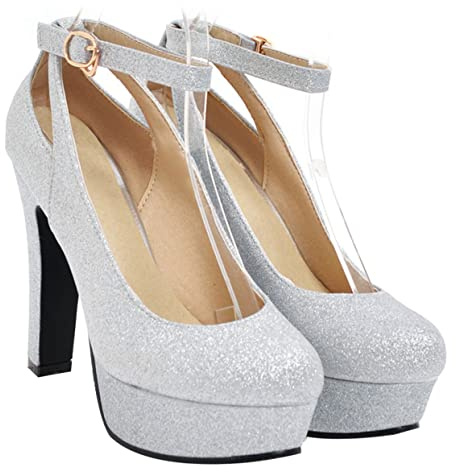 BESTYASH Scarpe per Sposa Donna Tacchi Grosso Argento in Pelle, Eleganti e Comode per Cerimonie e Party, Moda Fashion