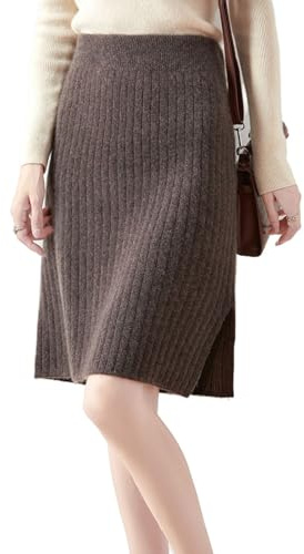 Ailaile Gonna corta Donna Autunno Inverno 100% Lana Merino Maglia Gonna Ragazza A Costine Elastico In Vita Split Gonne, Marrone moka, XX-Large