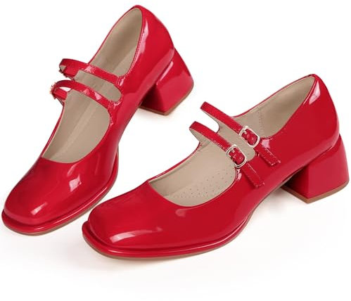 Allegra K Women's Square Toe Ankle Strap Block Heels Mary Jane Pumps Red 5.5 UK/Label Size 7.5 US