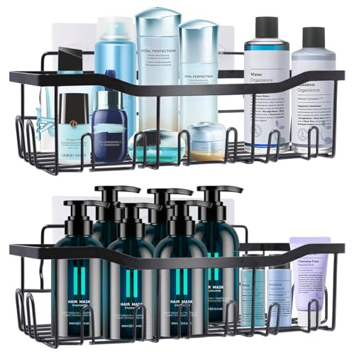 WAOAW Estanteria Baño,Estante Ducha Sin Taladro, Resistente Al Agua y Al Oxido,2 Unidades de Color Negro,Organizador Ducha,Soporte Para Champú Para Ducha,Champú,Gel de Ducha,Jabón