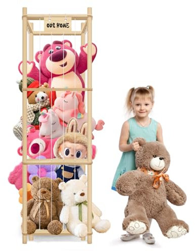 Kelens 59 Stuffed Animal Storage, Wood Soft Toy Holder Organiser, 3-Storey Large Capacity Cuddly Toy Storage, Teddy Bear Storage for Nursery Playroom Bedroom