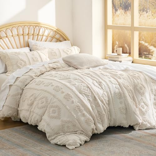 Bedsure Boho Tufted Beige Comforter Set Queen Size, GentleSoft™ 3 Pieces Boho Farmhouse-Style Decor Bedding, Exquisite Bedding for All Seasons, 1 Bed Comforter, 2 Pillow Shams, 90x90 Inches