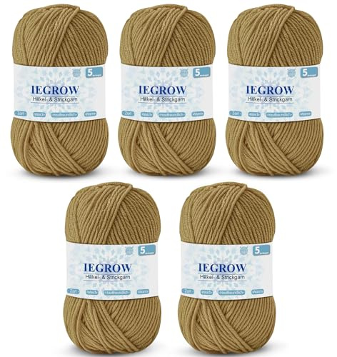 Filato per lavoro a maglia, 250 g, filato acrilico per lavorare a maglia, per principianti, adatto per lavorare a maglia, all'uncinetto e ad uncinetto, morbido e confortevole (5 x 50 g) kaki