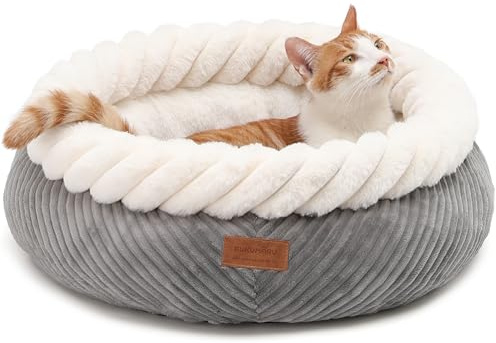 FUKUMARU Cuccia Gatto Interno, Cuccia Lavabile Rotonda per Gatti, Cuscino Morbido e Soffice per Gatti e Cuccioli, Letto Carina per Cani di Piccola Taglia in Corduroy, Fondo Antiscivolo, Grigio