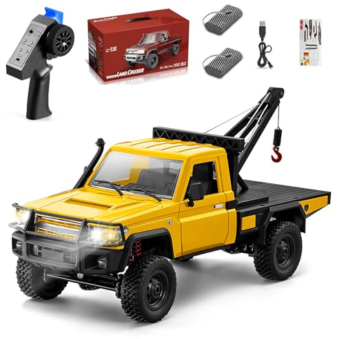 Authticar RC Crawler, 1:12 Scale New Upgrade MN82-T RC Truck Crane, 4WD LC79 Off Road Remote Control Pickup with Lights All Terrain Wrecker Vehicle for Teens Adults (Yellow)