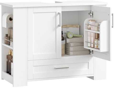 FOREHILL 80cm Mueble Bajo Lavabo, Mueble Baño, Mueble Lavabo con Pie, con 2 Puertas, 1 Cajón, Blanco, 80x30x63,5cm