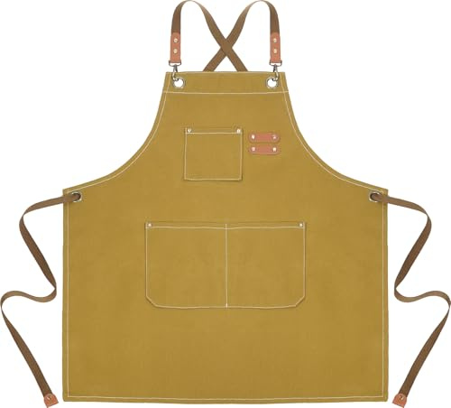 Liutufy Canvas Apron for Men and Women, Heavy Duty Chef Apron with Adjustable Cross Back Straps 3 Large Pockets, Kitchen Cooking Baking BBQ Artwork Apron (Brown)