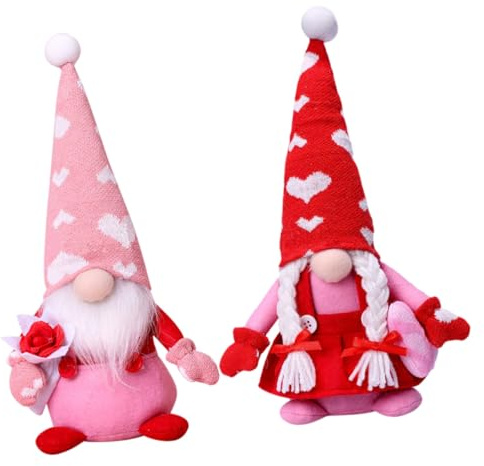 VALICLUD Valentine Gnome Couple Dolls Set of 2 Faceless Dwarf Plush Rose Heart Decoration Cute Collectible Gnome Figurines for Home and Festival Display