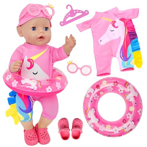 Atomvia Doll Clothes for 35–43 cm Dolls, Summer Swimwear Set with Swimsuit, Swim Cap, Pink Swim Ring, Sunglasses, Pink Shoes and Hanger, Doll Accessories for 14–17 Inch Baby Dolls