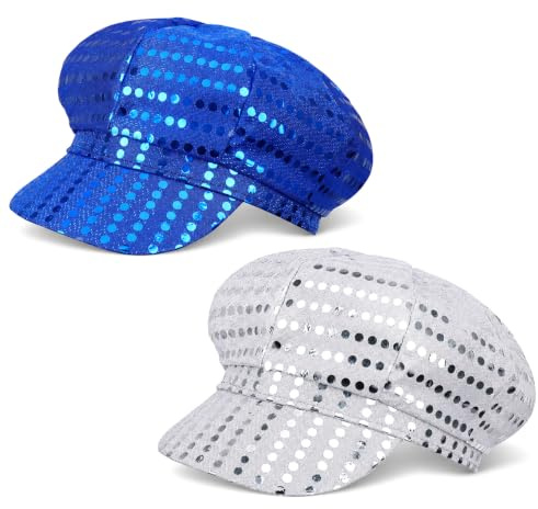 Vervora 2 Pack 70s Disco Hats for Adults, Royal Blue & Silver Sequinned Fancy Dress Party Caps, Metallic Peaked Baker Boy Hats for Women Men, 1970s Retro Costume Accessories (Royal Blue & Silver)