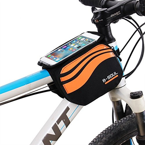 Fahrradtasche vorne, Rahmentasche mit 2 Fächern, geeignet für max. 14,73 cm(5,8 Zoll) Handys, transparentes und wasserdichtes PVC, Tasche für Mountainbikes, orange