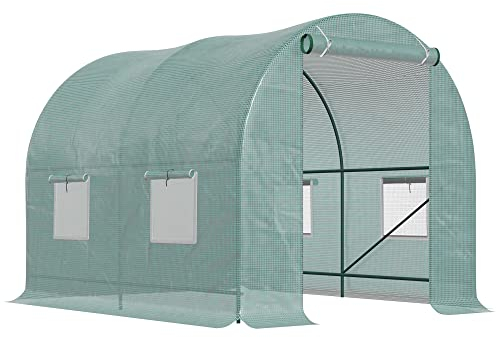 Outsunny Serre de Jardin Tunnel 5 m² 2,5L x 2l x 2H m Acier renforcé Ø 1,8 cm + PE Haute densité 140 g/m² fenêtres Porte déroulante Vert