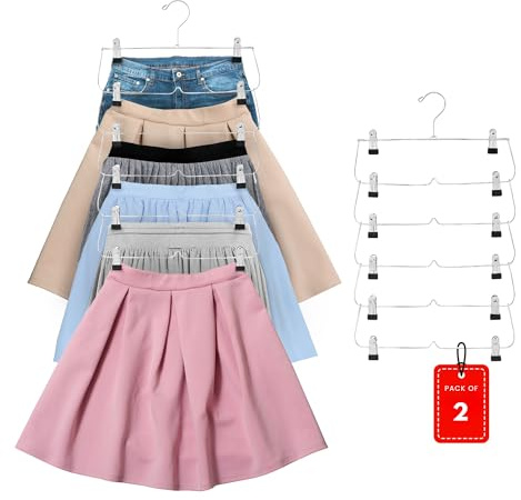 Paquete de 2 perchas para faldas de 6 niveles, ahorro de espacio en el armario con clips para pantalones, pantalones cortos, faldas, leggings
