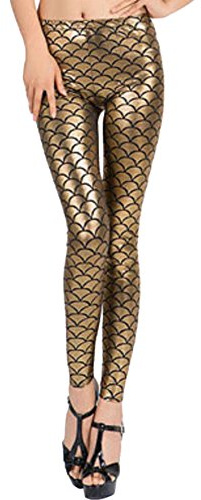 Hamishkane New Ladies Mermaid Fish Scale Print Slim Fit Shiny Disco Metallic Leggings Pants Gold