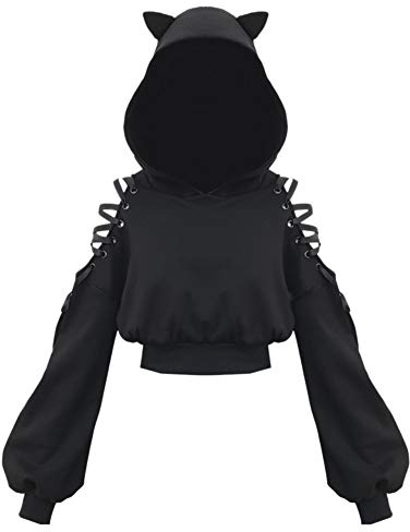 SIPEIEN Kvinnor kattöron huvtröja gotisk långärmad tröja söt urholkade toppar blus magtröja pullover