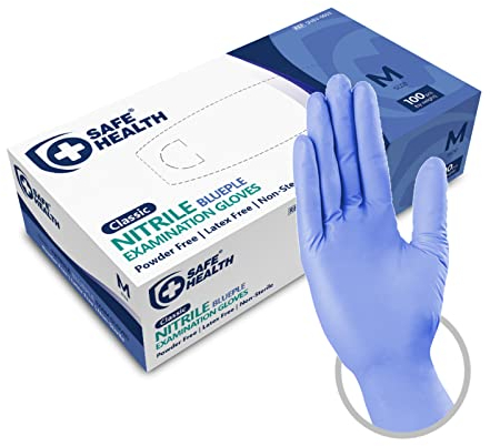 Safe Health Gants Jetables d'examen en Nitrile Taille M Bleu, Boîte de 100 gants, Sans poudre Sans latex Hypoallergéniques, Soins médicaux Aliments, 3,5 Mil