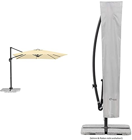 Schneider Sonnenschirm Rhodos Junior, Beige (natur), ca. 270 x 270 cm, 8-teilig, quadratisch & Schutzhülle für Ampelschirme, silbergrau, bis 300 cm Ø
