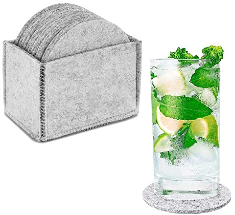Filz Untersetzer 12er Set Rund für Gläser mit Aufbewahrungsbox, Durchmesser von 10cm (Light Grey)
