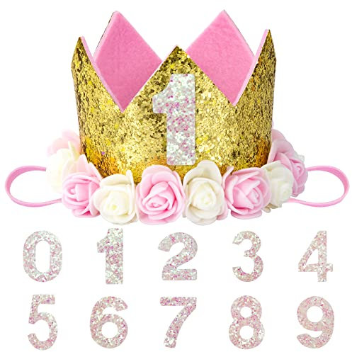 HOTKMB Birthday Crown Hats Glitter Party Hat with Rose Flowers and Interchangeable Numbers from 0 to 9 for Baby Girls, Dog, Cat Gold