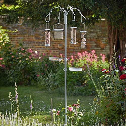 Garden Mile Mangeoires à oiseaux à 4 bras avec mangeoires en métal pour graines, cacahuètes, boules de suif, gâteaux de suif, mangeoire à oiseaux, plateau à graines, supports de suspension pour bain