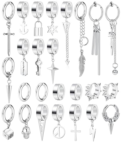 Diamday 25Pcs Clip On Boucles D'oreilles pour Hommes Acier Inoxydable Croix Chaîne Pendantes Boucles d'Oreilles Noir Huggie Hoop Non Percées Punk Gothique Kpop Faux Boucles d'Oreilles Argent