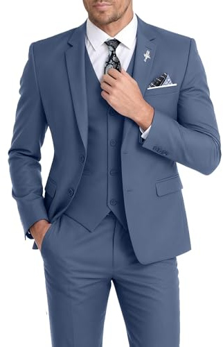 Men's Suit Vintage Retro Slim Fit 3 Piece Suit Set Wedding Prom Suits Blazer Dinner Groom Tux Jacket+Vest+Pants with Tie Denim Blue L