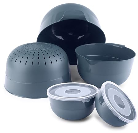 KADAX Lot de 5 bols avec couvercle, bols à salade, bols en plastique pour ranger les aliments, bols à fruits, bols de service empilables, bols mélangeurs (gris foncé)