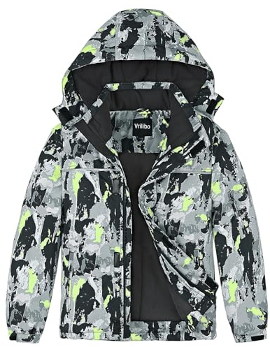 Vrilibo Boys Waterproof Ski Jacket Winter Warm Thick Fleece Lined Kids Outdoor Hooded Snowboard Jacket, Camouflage, 8-9