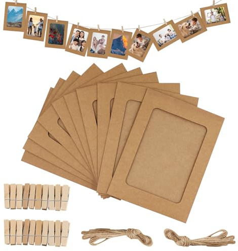 RAFIYU 20PCS Cadres Photo en Papier, Cadres en Carton 11.5 * 15.5CM Livré Avec 20 Mini Clips en Bois et Cordes en Chanvre pour la décoration Murale de Photos à la Maison - Marron