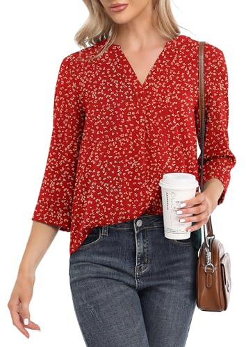 Anelune Blusa de gasa para mujer, cuello en V, manga larga, elegante, color liso, ajuste holgado, informal, tallas S-XXL, Flor rojo vino, XXL