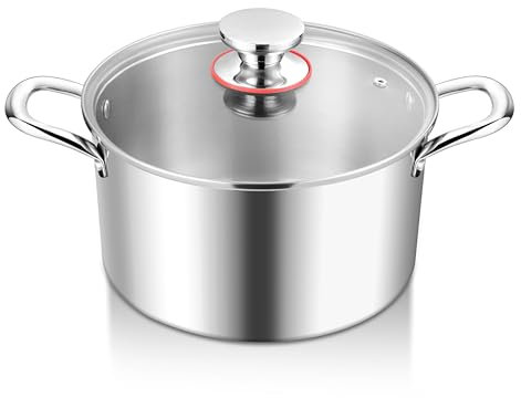Joyfair Stock Pot, 7.7L Tri-Ply Stainless Steel Stockpot with Glass Lid, Induction/Gas/Ceramic/Electric/Halogen Safe Soup Pot for Simmering Stewing, Healthy & Heavy-Duty, Riveted Handles & Easy Clean