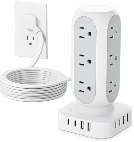 Tower Surge Protector Power Strip, Flat Plug Outlet Extender with 12 AC Outlets & 8 USB Ports, 5 FT Extension Cord with Multiple Outlets, 24W Total Charging Station for Home Office Dorm Room