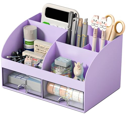 COMFYROOM Organizer da scrivania e accessori con 6 scomparti e 2 cassetti, organizer per trucchi in plastica, portapenne per scrivania, organizer da scrivania per scuola, casa, ufficio (viola)
