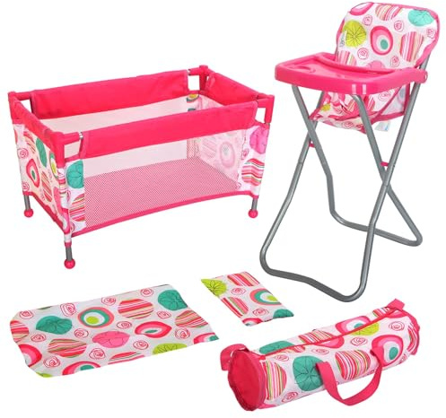 BiBi Doll Travel High Chair & Cot Bed Set with Carry Bag, Feeding Tray & Bedding - Folding Nursery Furniture for Dolls up to 20 - Pink Patterned Baby Doll Accessories for Girls & Boys Aged 3+