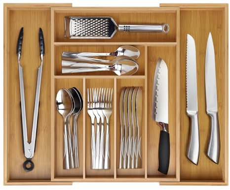 Sampoes Besteckkasten für Schubladen aus Bambus, Besteckeinsatz Schubladen, Cutlery 0rganizer Küche, Schubladeneinsatz mit 6-8 Fächern, Verstellbarer Besteckeinsatz für Besteck