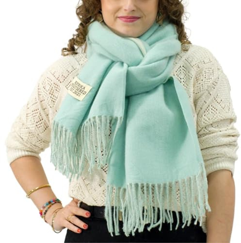 Xifrika langer Damenschal mit Fransen in Beige – weiches, warmes und elegantes Tuch, Schalgröße 200x64 cm. Warm und ideal für den Winter