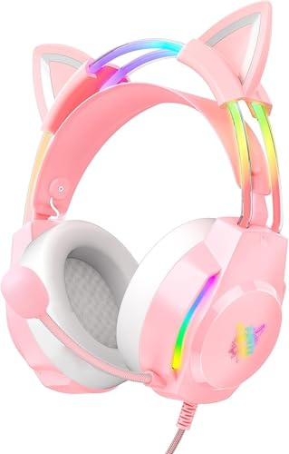 ONITOON Cuffie da gioco con orecchie di gatto e microfono – Illuminazione arcobaleno RGB & 7.1 Virtual Surround Sound – Cuffie over-ear cablate da 3,5 mm per PC/PS4/PS5/Xbox/Switch (design ergonomico)