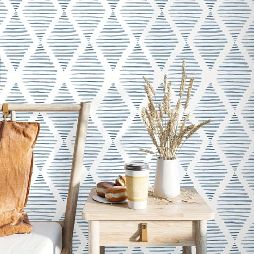 Blue Geometric Wallpaper,44 x 1000 cm Stripe Self Adhesive Wallpaper Blue and White Wall paper Peel and Stick Wall paper Self Adhesive Furniture Wrap for Living Room,Bathroom,Cabinet,Drawer,Kitchen