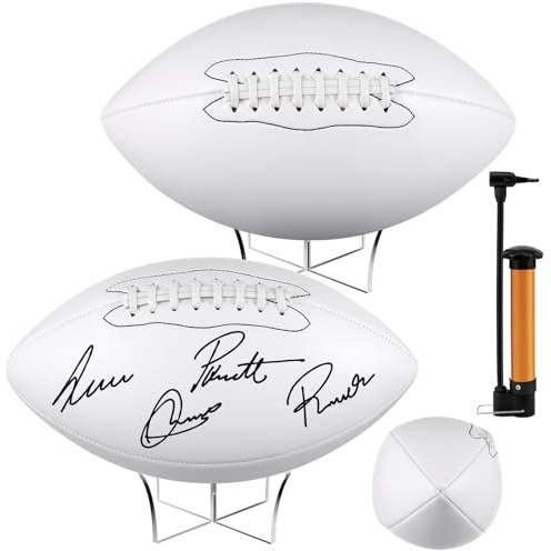 Hiboom Autograph Football with Acrylic Display Stand Air Pump Blank Gold Football for Trophy Anniversary High School College Coaching Gift Award Championship Party(4 Pcs,White,Size 9)