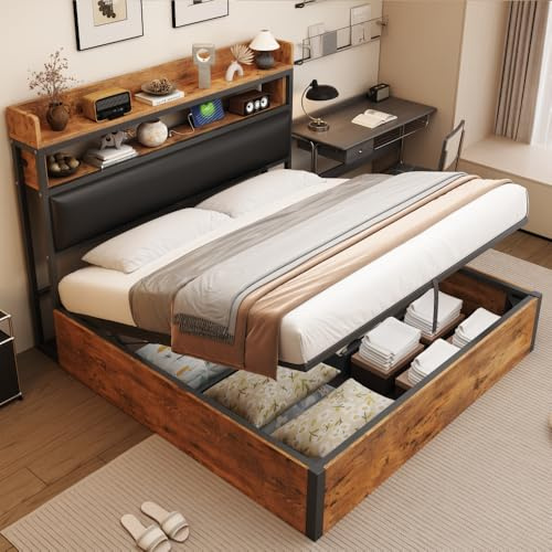 Wyibwy Struttura letto 180x200 con meccanismo di sollevamento idraulico, letto matrimoniale con USB, con testiera imbottita, design retrò in legno e metallo, strato contenitore nascosto, Nero