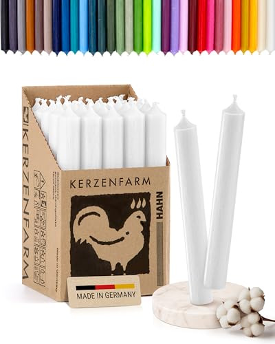Stabkerzen 10 Stück, 18cm x 2,2cm, Premium Qualität - Deutsche Manufaktur, Kerzenfarm Hahn - lange Brenndauer (8+ Stunden) RAL-Zertifiziert, durchgefärbte Spitzkerzen (Weiß)