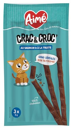 Aime - Crac et Croc, Friandise pour Chat Saveur Saumon et Truite, Nourriture pour Chats en Bâtonnets, Riche en Poisson, sans Céréales, A Donner en Complément de l'Alimentation