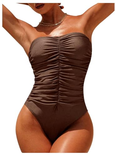 GORGLITTER Women's Strapless Ruched One Pieces Swimsuits Monokini Modest Tummy Control Bandeau Bathing Suit Swim Wear Coffee Brown Medium