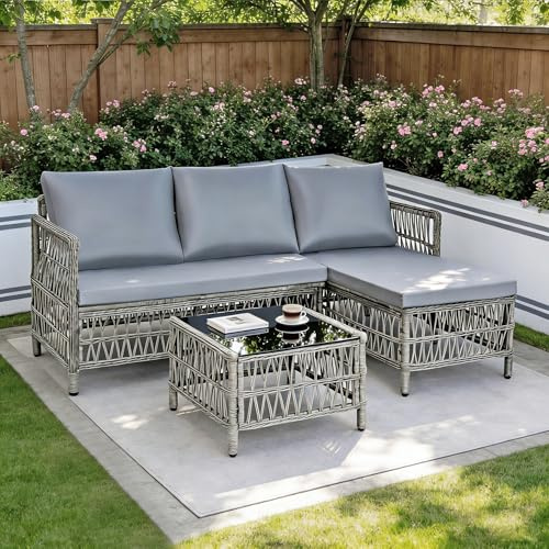rattanstar Outdoor Rattan Garden Furniture Sets, 4-Seater Corner Sofa Set | Patio Furniture Set with Chaise Lounge, Loveseat, L-Shaped Sectional Glass Coffee Table for Balconies Terraces Backyards