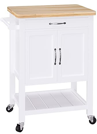 HOMCOM Kitchen Storage Trolley Cart Rolling Wheels Shelves Cupboard W/Drawer And Towel Rail Rubber Wood Worktop White